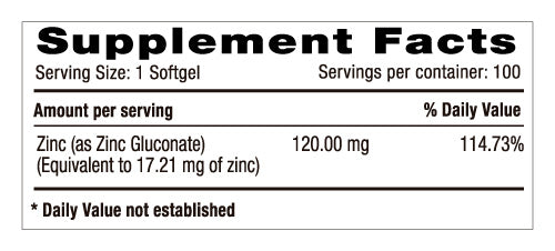 Zinc Gluconate 120mg 100 Softgels Natural Systems